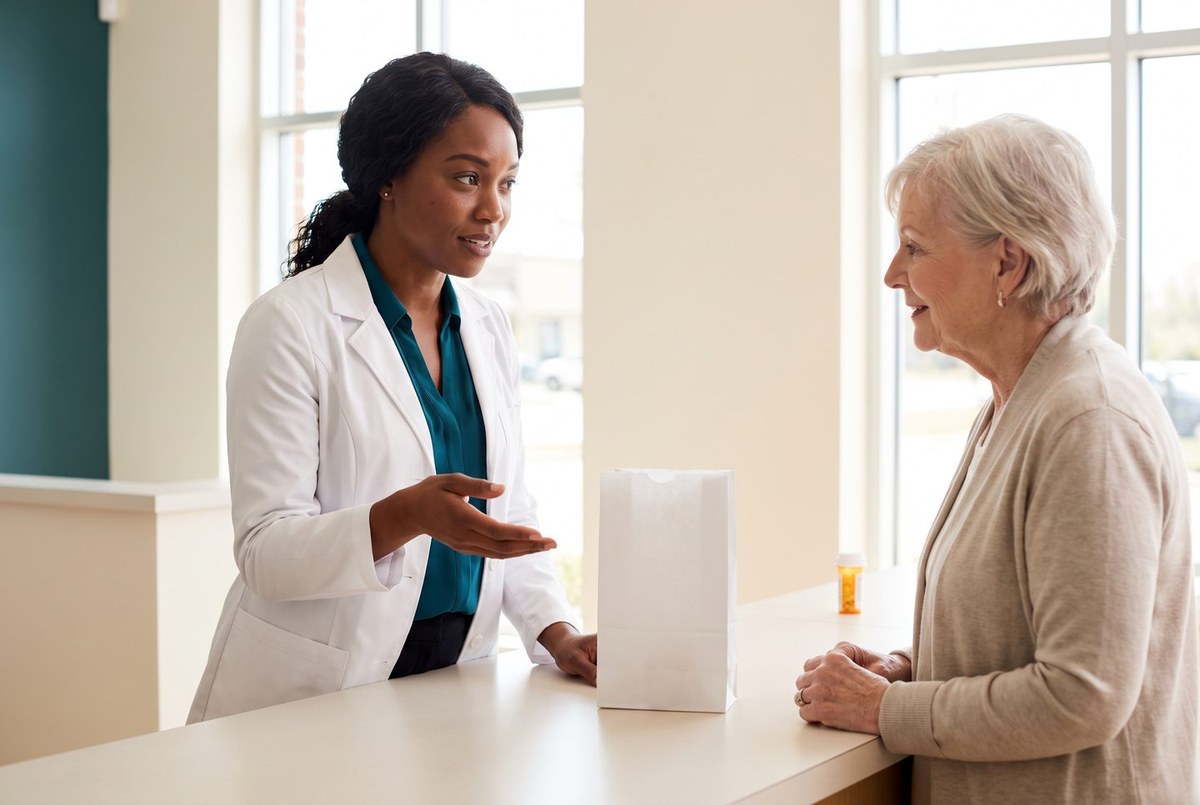 A pharmacist talking a patient through her medication.