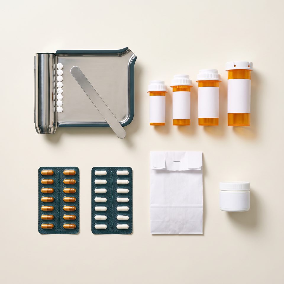 Dispensing supplies laid out on a counter.