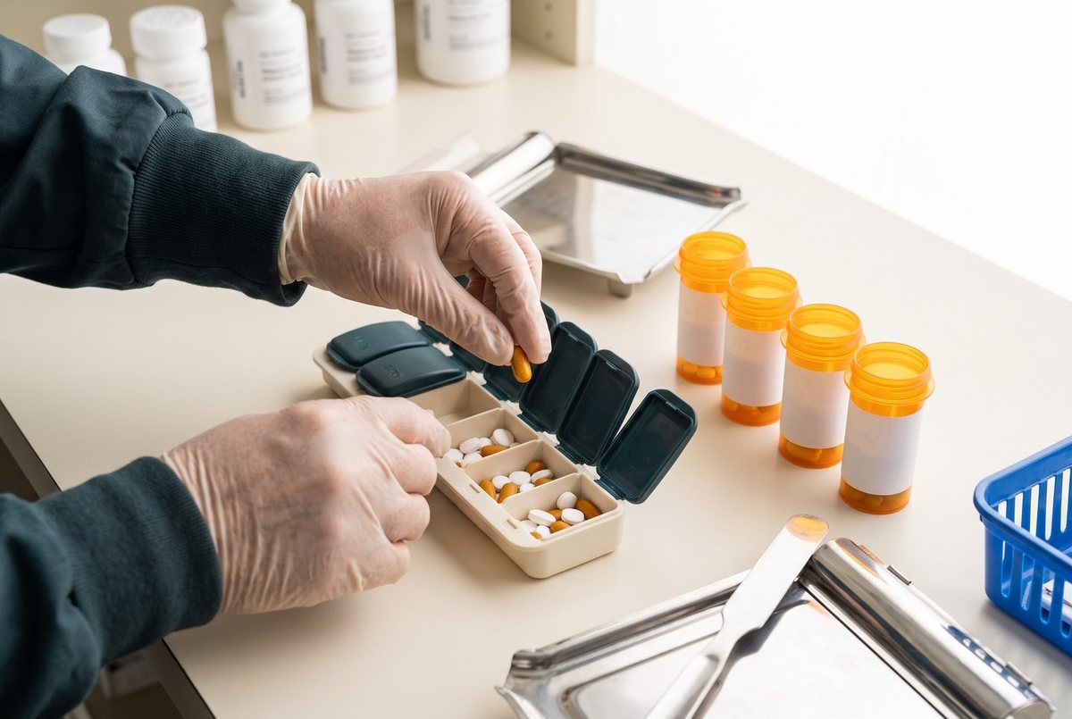 A pharmacist loading a weekly pill organiser at the bench.
